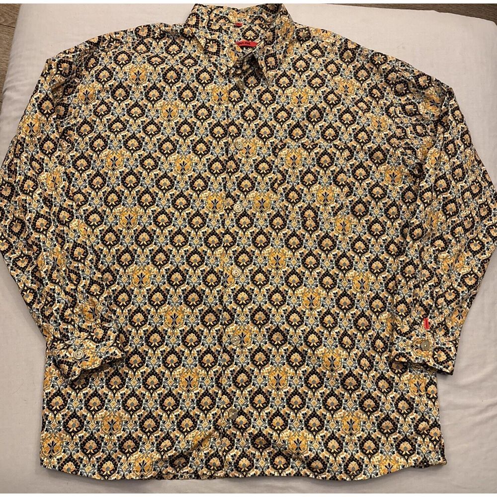Signum Long Sleeve Shirt Mens XL Retro Demask Blue Yellow White Button Down